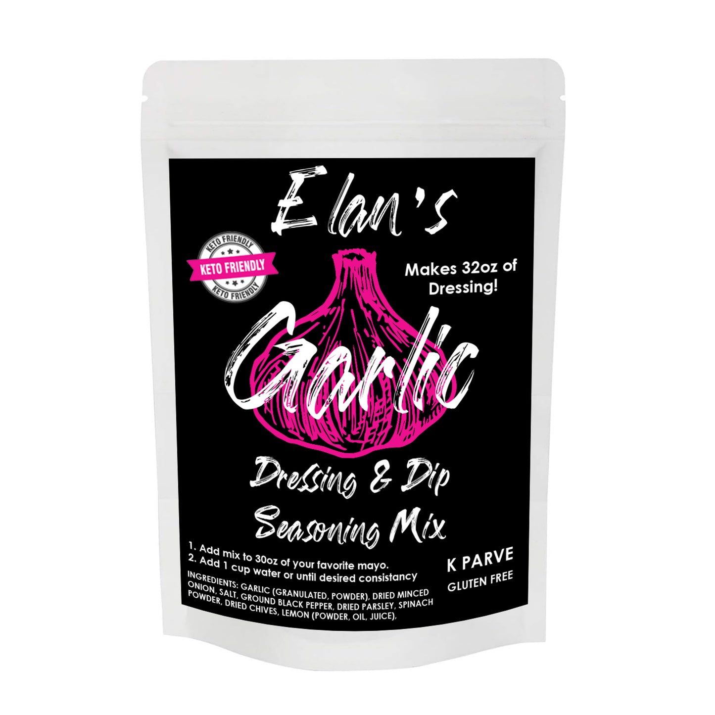 Elan's Garlic Dressing and Dip Seasoning Mix, Makes 32 ounces, Add to your favorite mayonnaise, 1oz Packet